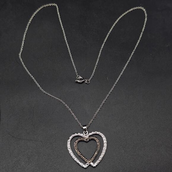 Black Silver Tone Diamond Chip Heart Necklace Pendant - Picture 5 of 10